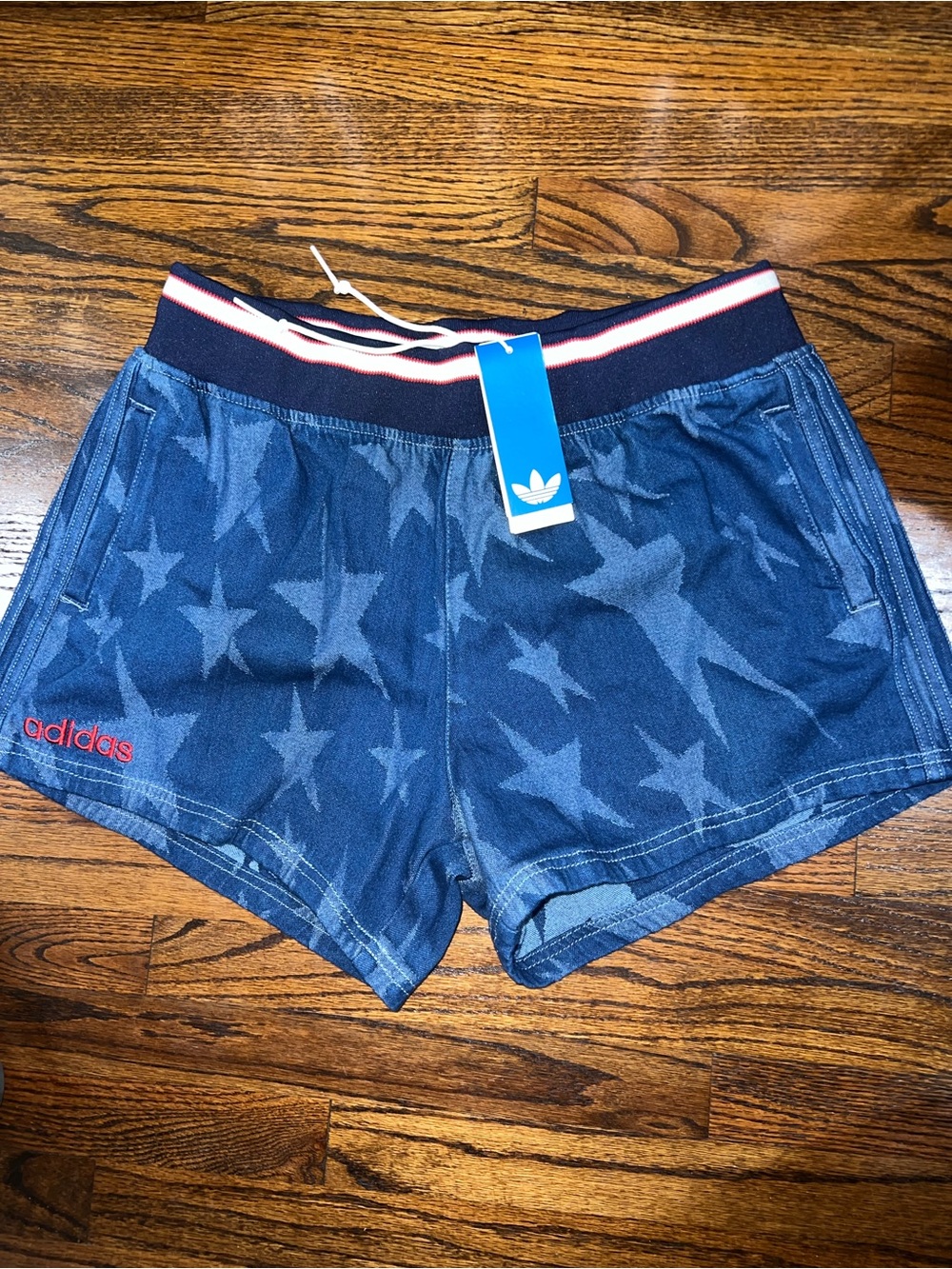 adidas Navy Blue Star-Print Athletic Shorts with Red Trim